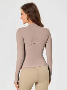 Women's BBL Fit Zip Up Jacket With Gold Zipper And Pockets Solid Color Lightweight Yoga Tennis Workout Outerwear, Gym Workout Clothes, Pickleball Outfit - Taupetastic/Gold - 查看 2