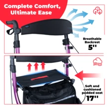 WALK MATE Rollator Walker For Seniors With Seat, Lightweight Foldable All Terrain Rolling Walker, Aluminum Walkers With 8" Rubber Wheels, 17" Big Seat, 6-Level Adjustable Height, 350 Lb Capacity, Grey - Purple - View 6