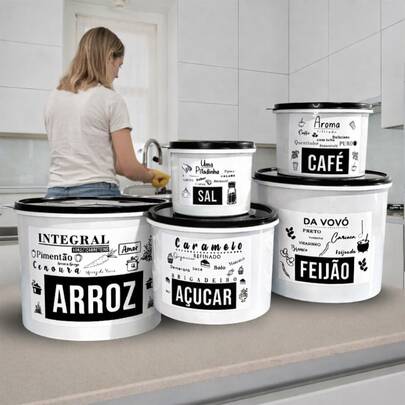 Kit Potes De Mantimentos Para Cozinha Kit Com 5 Potes Plastico  preto x madeirado