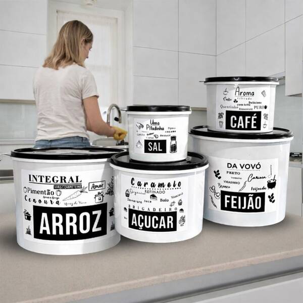 Kit Potes De Mantimentos Para Cozinha Kit Com 5 Potes Plastico  preto x madeirado
