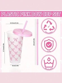 1pc Reusable Cute Pink Bow Plastic Cup With Lid And Straw, Transparent, Suitable For Iced Coffee, Water, Juice, Soda, Great For Beach, Wedding, Birthday, Holiday, Christmas, Halloween, Party, Office, Pool, Events, Dates, Outdoor Activities, Sports Bottle, Outdoor And Daily Use Water Bottle (Note: The Product May Have Some Scratches During Transportation, But It Does Not Affect The Use) - Multicolor - View 11