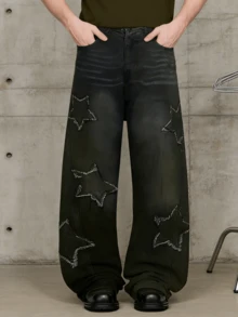 Unisex Y2k Baggy Dark Star Jeans High Waisted Hip Hop Streetwear Embroidery Pants Harajuku Aesthetic Style - 黑色 - 查看 7