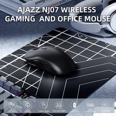 ATTACK SHARK 无线游戏鼠标，支持 2.4G/蓝牙/有线连接，1000Hz 轮询率，重量仅 67g，内置 300mAh 可充电电池，DPI 可调范围 400–12800，对称式人体工学设计，搭载 S203 光学传感器。