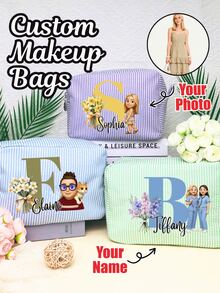 Customized DTF Embroidered Name Makeup Bag, Travel Cosmetic Bag, Sanitary Pad Storage Bag, Personalized Organizer Bag, Makeup Pouch, Travel Accessories, Multi-Functional, Space-Saving, Letter, Stripe, Exquisite, Fashionable, Tidy, Minimalist, Casual, Basic, Unique, Gift For Girls, Wedding Gift, Bridal Gift, Wedding, Wedding Supplies, Holiday Gift, Ideal Gift For Girlfriend, Family, Friends, Anniversary - Multicolor 2 - View 2