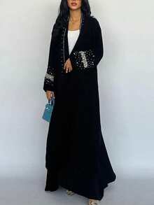 Đầm nữ kèm khăn trùm đầu, áo khoác cardigan dáng dài đính ngọc trai, viền đá rhinestone lấp lánh, mở trước, áo khoác maxi thanh lịch mặc buổi tối, màu đen - màu đen - Xem 4