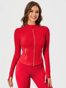 Women's BBL Fit Zip Up Jacket With Gold Zipper And Pockets Solid Color Lightweight Yoga Tennis Workout Outerwear, Gym Workout Clothes, Pickleball Outfit - New Year Red/Gold - 查看 6