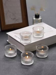 1pc Minimalist Striped Glass Candle Holder, Heat-Resistant Transparent Glass Candle Holder, Small Round Cup Candle Holder, Party Candle Holder, Candle Storage, Date Night Candle Holder, Valentine's Day Candle Holder - Multicolor - View 6