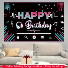 1件生日背景布，背景图案为音乐耳机和“生日快乐”字样，采用高清印花工艺，印制在涤纶面料上，适用于派对、庭院、生日派对和摄影用品。 - 彩色 - 查看 3