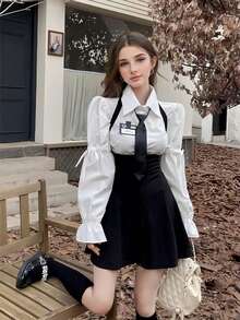 1pc Sweet & Fresh Feminine Academic Style Puff Sleeve Shirt And Suspender Skirt JK Uniform Set Including Tie, Suitable For Photo Shooting, Graduation Season Outfit Halloween - Black and White - View 13