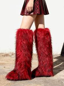 EdgyElongate Women's Winter Christmas Fur Boots Fuzzy Fluffy Round Toe Suede Booties Flat Heel Slip On Furry Snow Boots Fashion Warm Fluffy Shoes - 紅色 - 查看 8