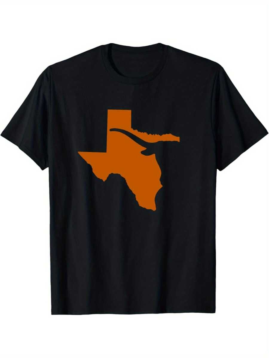 Men Texas Map T-Shirt Cotton Loose Fit Long Sleeve Shirt With Double Horn State Design TX Orange Black Print On White Casual Crew Neck Tee For Texan Pride Casual Attire - 黑色 - 查看 1