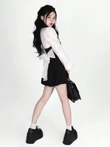 1pc Sweet & Fresh Feminine Academic Style Puff Sleeve Shirt And Suspender Skirt JK Uniform Set Including Tie, Suitable For Photo Shooting, Graduation Season Outfit Halloween - Black and White - View 14