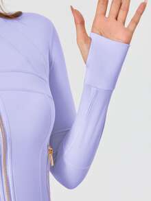 Women's BBL Fit Zip Up Jacket With Gold Zipper And Pockets Solid Color Lightweight Yoga Tennis Workout Outerwear, Gym Workout Clothes, Pickleball Outfit - Tím nhạt Ether/Vàng - Xem 3