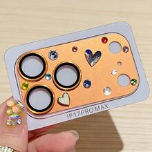 NNBILI Luxury Sparkling Rhinestone 3D Heart Camera Lens Sticker Compatible With IPhone 17 Pro Max - Exquisite Matte Protective Film, Colorful Heart Design, Scratch-Resistant, Made Of Tempered Glass - Orange - View 2