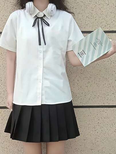 1pc Japanese Kawaii School Uniform, All-Match Loose Short Sleeve Shirt + Versatile Pleated Skirt + Tie Set, JK Uniform For Campus Role Play, Suitable For Graduation, Photo Shoot, Club Outfit, Garden Date, Valentine's Day