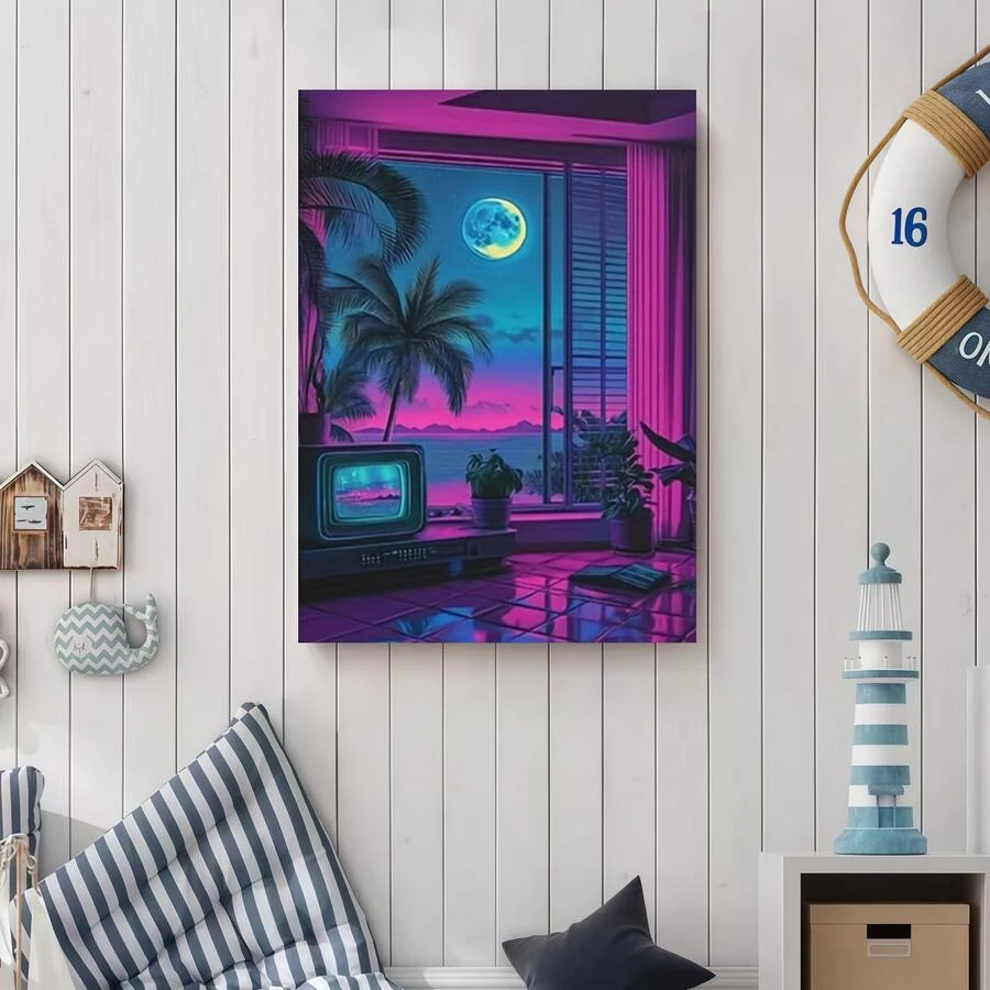 Framed Canvas Poster Print Wall Art 2D Flat, 1pc Vintage 80s Retro Neon Vaporwave Poster - 2D Flat Canvas Wall Art Print With Retro 80s TV Scene, Purple & Pink Retro Decor For Bedroom, Living Room, Office -   Option - Nostalgic Home Decoration, Bedroom Artwork - Framed - 查看 1