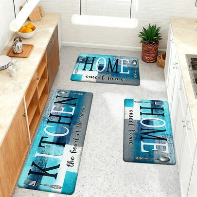 1/2/3 قطعة سجادة مطبخ ذات خلفية مائية بلون أزرق وأبيض مع نقشة أدوات المائدة الفضية والنص "المنزل"، بتصميم "منزل حلو" مكتوب باليد، مناسبة للغرفة المعيشية والنوم والمطبخ وغرفة الطعام ومدخل المنزل والحمام وغرفة الغسيل والنزهات الخارجية، ديكور ريفي، مطاطية مانعة للانزلاق، ضرورة منزلية عملية ودافئة