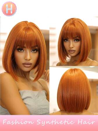 Peluca sintética recta y corta de 10 pulgadas de color castaño claro/blanco con flequillo para mujeres, peluca de bob para uso diario, resistente al calor, para reuniones familiares, festivales, fiestas, disfraces, Día de San Valentín