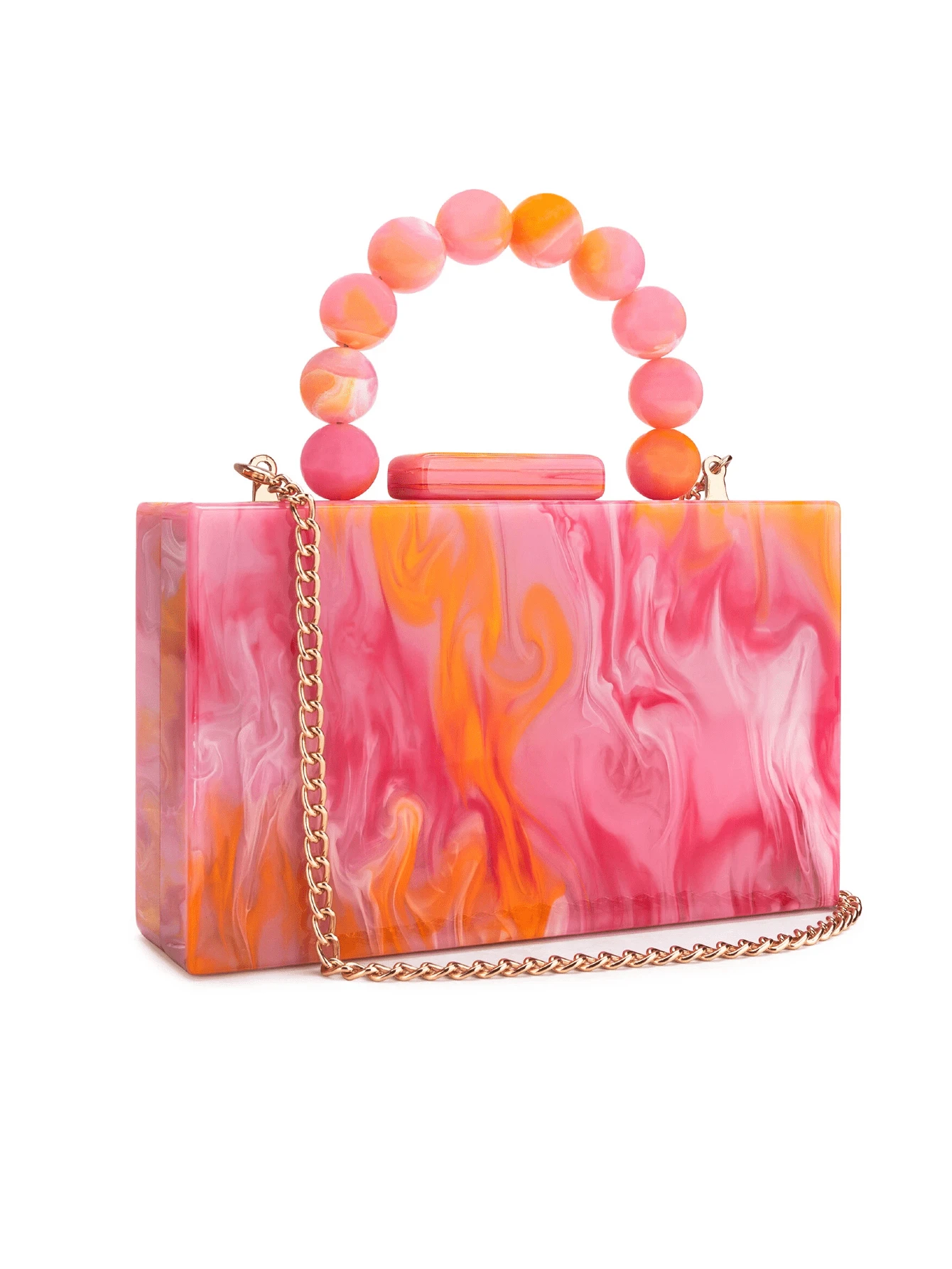 Milky Way Orange-Pink Acrylic Clutch Bag With An Elegant Chain Strap And Beaded Handle, Designed For Hand-Carrying Or Shoulder-Carrying. This Distinctive Women's Evening Bag Makes The Perfect Accessory For Parties, Weddings, Or Brides, And Is Also An Ideal Christmas Gift For Family And Friends. - 珊瑚粉 - 查看 1