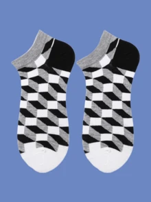 4 双彩色菱格纹船袜 - 男女皆宜，日常休闲穿着，是派对和社交活动的理想礼物，充满活力的多风格菱形设计，四季皆宜。