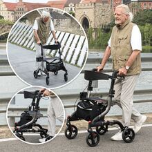 WALK MATE Rollator Walker For Seniors With Seat, Lightweight Foldable All Terrain Rolling Walker, Aluminum Walkers With 8" Rubber Wheels, 17" Big Seat, 6-Level Adjustable Height, 350 Lb Capacity, Grey - Grey - View 13