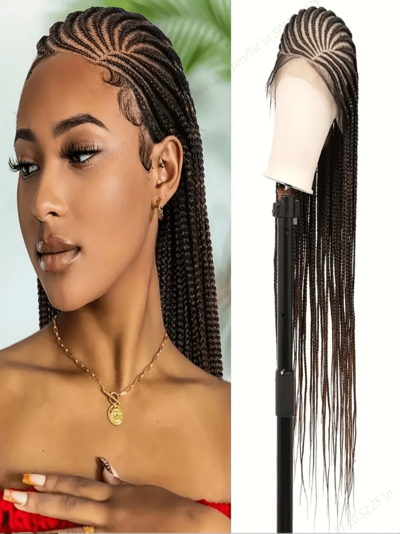 Peluca trenzada con encaje frontal completo] Peluca trenzada versátil con encaje frontal completo, cabello sintético liso para todos los tonos de piel - Negro - Ver 1