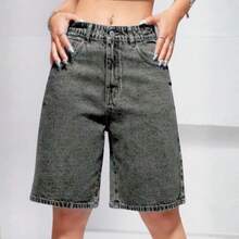 Women's Denim Shorts, High-Waisted, Black Marbled Gray, Summer Fashion - 灰色 - 查看 9