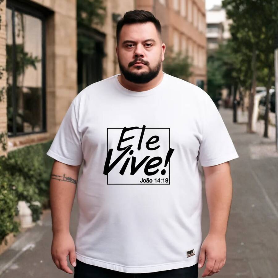 camiseta plus size Cristã Ele vive streetwear gospel conferencia - Branco - Visão 1