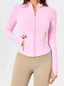 Women's BBL Fit Zip Up Jacket With Gold Zipper And Pockets Solid Color Lightweight Yoga Tennis Workout Outerwear, Gym Workout Clothes, Pickleball Outfit - Pink Meringue/Gold - 查看 5