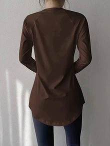 Plus Size Women's Fitness Yoga Top, Quick-Dry Sports Shirt, Suitable For Running, Gym Workout, Stretchy Compression Base Layer Spring - Coffee Brown - View 4