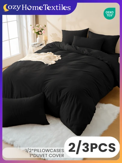 2/3 piezas Juego de Edredón Negro Sólido, Cómodo y Transpirable de Tacto Suave, Estilo Simple, Resistente a Pelusas, Textil para el Hogar, Juego de Edredón Negro, Sin Edredón, Apto para Camas Individuales, Dobles, Queen, King, Todas las Estaciones, Juego de Edredón Elegante y Lindo, Aplicable para Dormitorio, Dormitorio, Lavable a Máquina, Decoración de Otoño, Decoración de Habitación, Certificado Oeko-Tex
