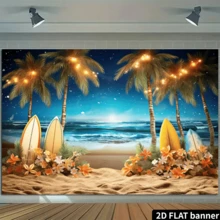 2D flache 1 Stück Sommer Tropischer Strand Fotografie Hintergrund - Blauer Himmel am Meer mit Surfbrett und Palmen - Ideal für Luau, Baby-Shower und 1. Geburtstags-Party Dekoration - Fotobox Requisiten und Studio Hintergrund - Aprikosenfarben - Übersicht 5