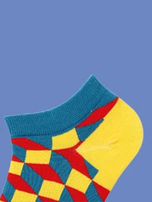 4 双彩色菱格纹船袜 - 男女皆宜，日常休闲穿着，是派对和社交活动的理想礼物，充满活力的多风格菱形设计，四季皆宜。