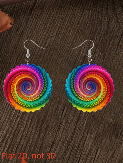 2 piezas Pendientes con diseño floral de remolino colorido estilo bohemio, de acrílico plano, adecuados para uso casual y de fiesta, con un estilo elegante y desenfadado