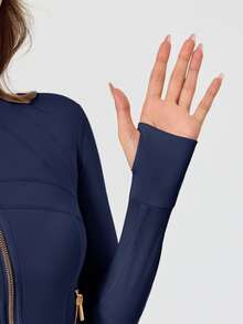 Women's BBL Fit Zip Up Jacket With Gold Zipper And Pockets Solid Color Lightweight Yoga Tennis Workout Outerwear, Gym Workout Clothes, Pickleball Outfit - True Navy/Gold - 查看 3