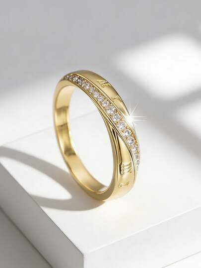 Charm-In Women's Gold-Plated Roman Numeral Cubic Zirconia Twisted Ring | Vintage Sparkly Jewelry For Daily Wear/Anniversaries, Ideal Gift For Valentine's Day/Partners