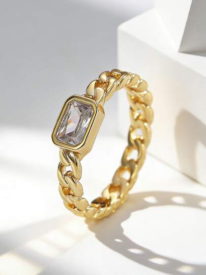 Charm-In Women's Gold-Plated Chain-Link Ring With Baguette Cubic Zirconia | Hip-Hop Statement Jewelry For Night Out/Street Style, Ideal Gift For Anniversary/Girlfriends