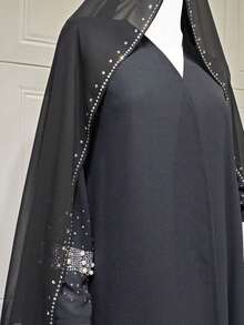 Đầm nữ kèm khăn trùm đầu, áo khoác cardigan dáng dài đính ngọc trai, viền đá rhinestone lấp lánh, mở trước, áo khoác maxi thanh lịch mặc buổi tối, màu đen - màu đen - Xem 9