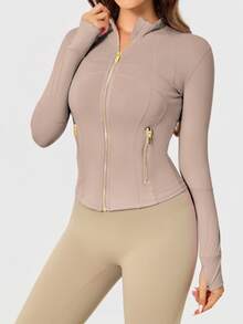 Women's BBL Fit Zip Up Jacket With Gold Zipper And Pockets Solid Color Lightweight Yoga Tennis Workout Outerwear, Gym Workout Clothes, Pickleball Outfit - Taupetastic/Gold - 查看 4