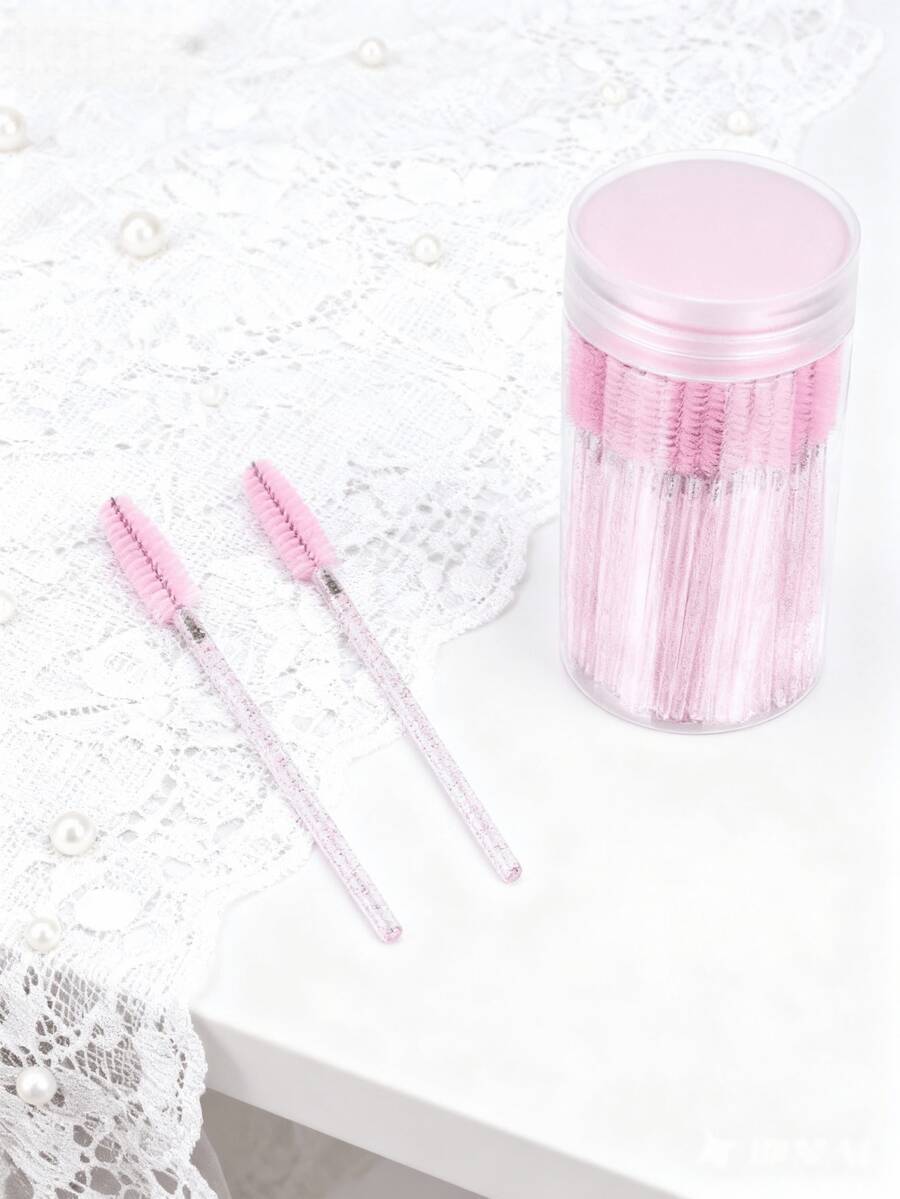 50支睫毛刷，睫毛膏刷带收纳盒，可弯曲一次性眉刷，睫毛嫁接刷，眉刷，蓖麻油刷（水晶粉） - 粉色 - 查看 1