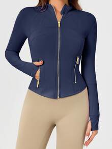 Women's BBL Fit Zip Up Jacket With Gold Zipper And Pockets Solid Color Lightweight Yoga Tennis Workout Outerwear, Gym Workout Clothes, Pickleball Outfit - True Navy/Gold - 查看 5