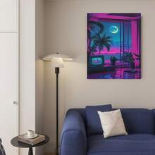 Framed Canvas Poster Print Wall Art 2D Flat, 1pc Vintage 80s Retro Neon Vaporwave Poster - 2D Flat Canvas Wall Art Print With Retro 80s TV Scene, Purple & Pink Retro Decor For Bedroom, Living Room, Office -   Option - Nostalgic Home Decoration, Bedroom Artwork - Framed - 查看 5