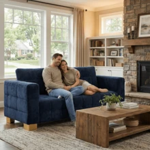 DRYMOTE 82'' Velvet Sofa For Living Room Modern Comfy Couch 3-Seater Apartment Sofa With 2 Pillows & Golden Metal Legs - 藍色 - 查看 1