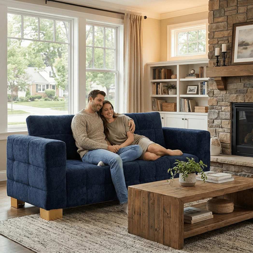 DRYMOTE 82'' Velvet Sofa For Living Room Modern Comfy Couch 3-Seater Apartment Sofa With 2 Pillows & Golden Metal Legs - 藍色 - 查看 1