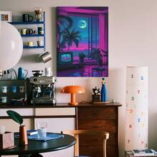 Framed Canvas Poster Print Wall Art 2D Flat, 1pc Vintage 80s Retro Neon Vaporwave Poster - 2D Flat Canvas Wall Art Print With Retro 80s TV Scene, Purple & Pink Retro Decor For Bedroom, Living Room, Office -   Option - Nostalgic Home Decoration, Bedroom Artwork - Framed - 查看 3