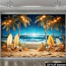 2D flache 1 Stück Sommer Tropischer Strand Fotografie Hintergrund - Blauer Himmel am Meer mit Surfbrett und Palmen - Ideal für Luau, Baby-Shower und 1. Geburtstags-Party Dekoration - Fotobox Requisiten und Studio Hintergrund - Aprikosenfarben - Übersicht 3