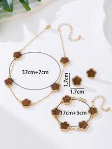 1 Set Women's Jewelry: 1 Brown Clover Pendant Necklace (Inlaid With Rhinestones), 1 Bracelet, 1 Pair Of Earrings, Classic Luxury Design, Autumn/Winter