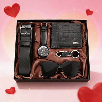 Juego de regalo de lujo de 5 piezas para hombres (Cinturón + Reloj + Cartera + Llavero + Gafas de sol), adecuado para ir al trabajo, uso diario, regalo ideal para novio, padre, amante en San Valentín, Navidad, Año Nuevo, Día del Padre