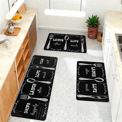 1/2/3개 클래식 블랙 & 화이트 주방 러그, 커트러리 패턴(포크, 스푼, 나이프)과 "LAUGH Often LOVE Much" 텍스트, 빈티지 플로럴 장식, 미끄럼 방지 뒷면, 거실, 침실, 주방, 식당, 입구, 욕실, 세탁실 및 야외 피크닉에 적합, 실용적이고 아늑한 홈 데코 필수품