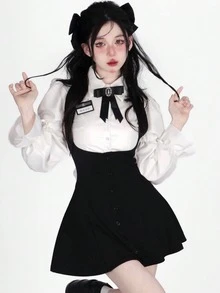 1pc Sweet & Fresh Feminine Academic Style Puff Sleeve Shirt And Suspender Skirt JK Uniform Set Including Tie, Suitable For Photo Shooting, Graduation Season Outfit Halloween - Black and White - View 12